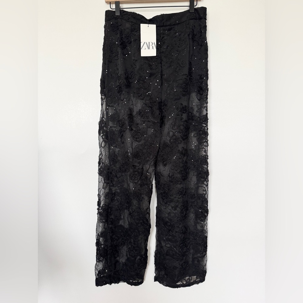 ZARA 8497/751/800 197/015 FLORAL STRUCTURED SEQUINS SEMI-SHEER PANTS - Picture 3 of 16